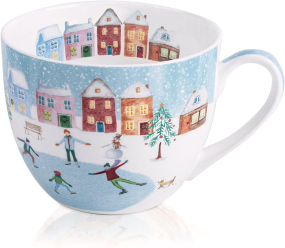 Christmas Skaters in a Snowy Village Ceramic Mug