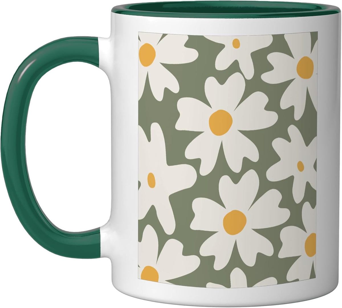 Retro Daisy Flower Leaves Boho Dark Green Cover Fall Ceramic Mug