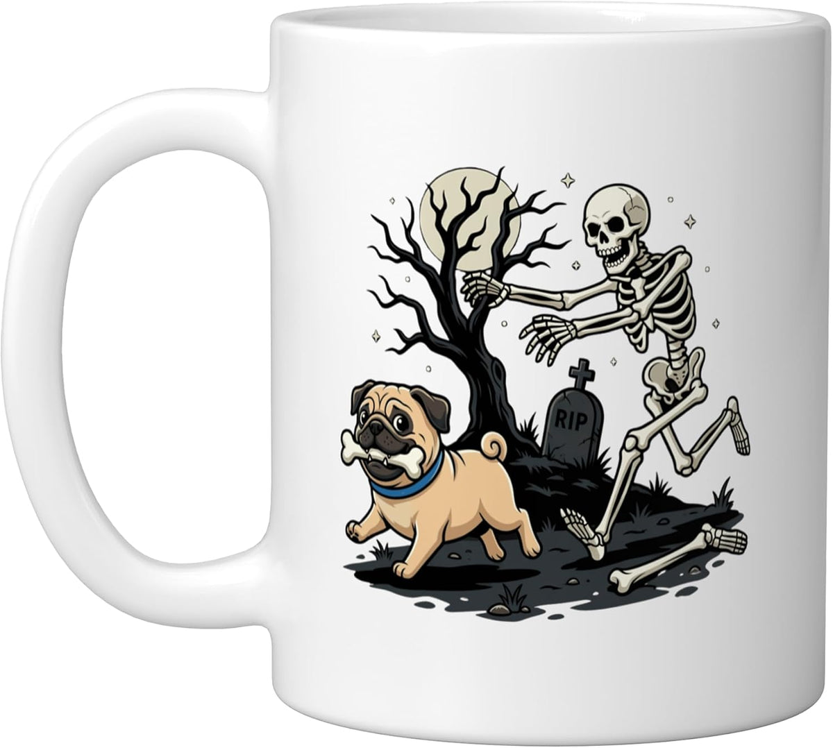 Skeleton Chasing Pug Bone Moonlit Graveyard Halloween Ceramic Mug