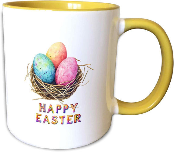 Happy Easter & Red, Blue Yellow Eggs Ceramic Mug