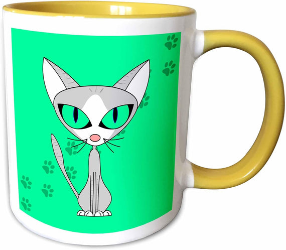 Fancy Feline Grey Cat Design Light Green Ceramic Mug