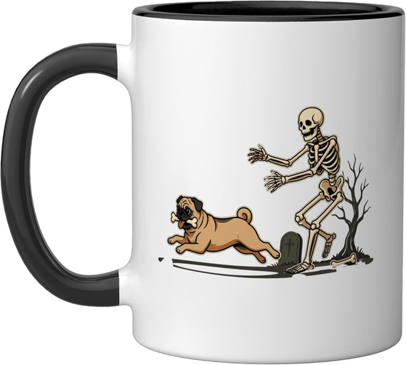 Halloween Skeleton Chasing Pug Stealing Bone Graveyard Ceramic Mug