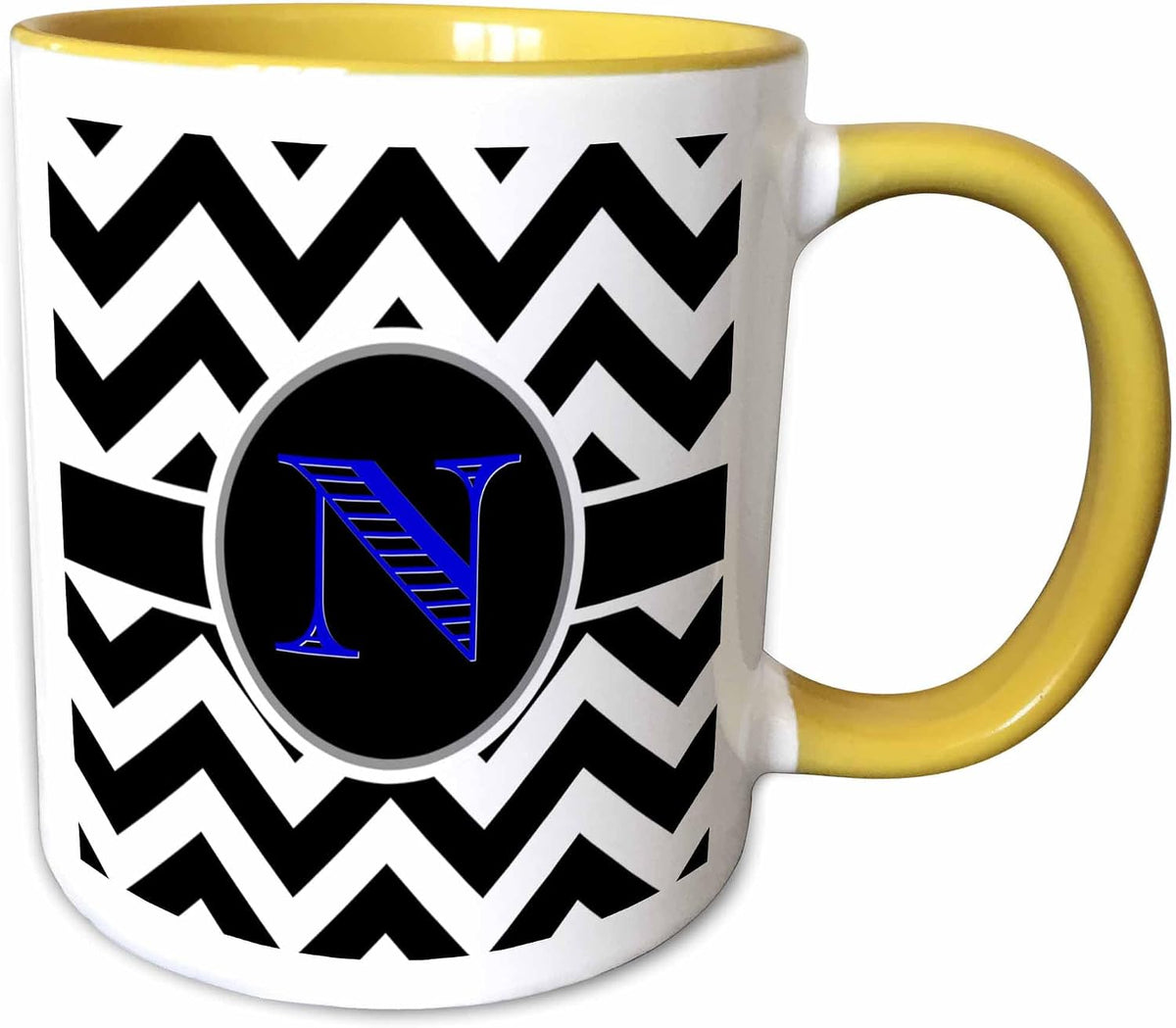B&W Chevron Monogram Blue Initial N Ceramic Mug
