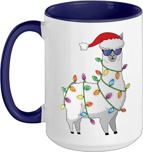 Santa Llama Christmas Tree Lights Llama Dark Ceramic Mug