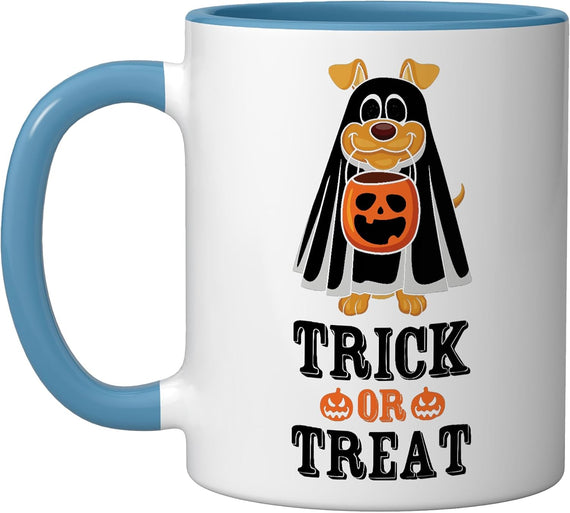 Trick Treat Costume Dog Ghost Funny Lazy Creepy Halloween Ceramic Mug
