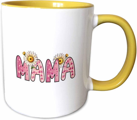 Pink Word Mama & Two Daisy Flowers. Mothers Ceramic Mug