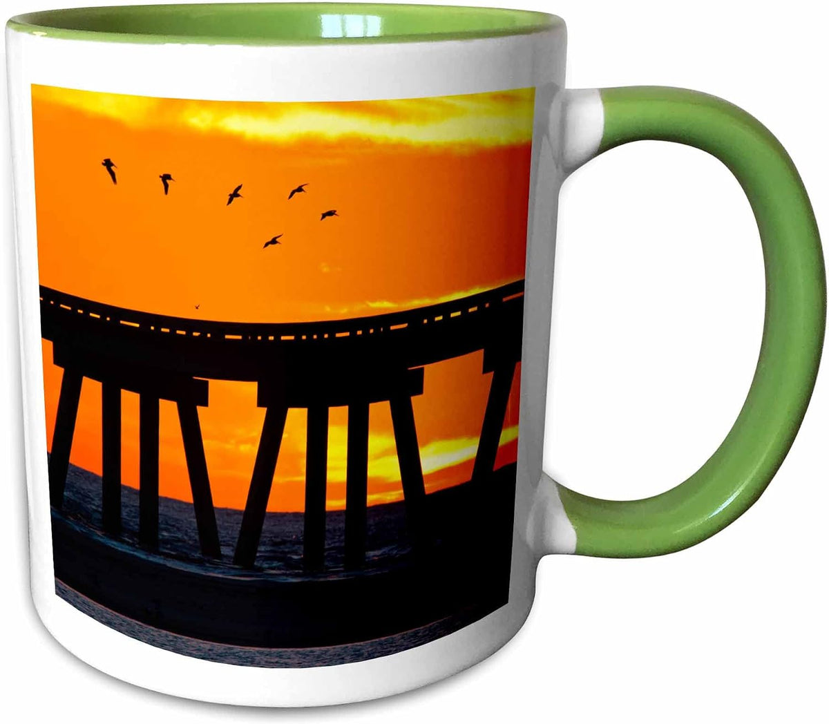 Brown Pelicans Gliding Over Bridge Ceramic Mug