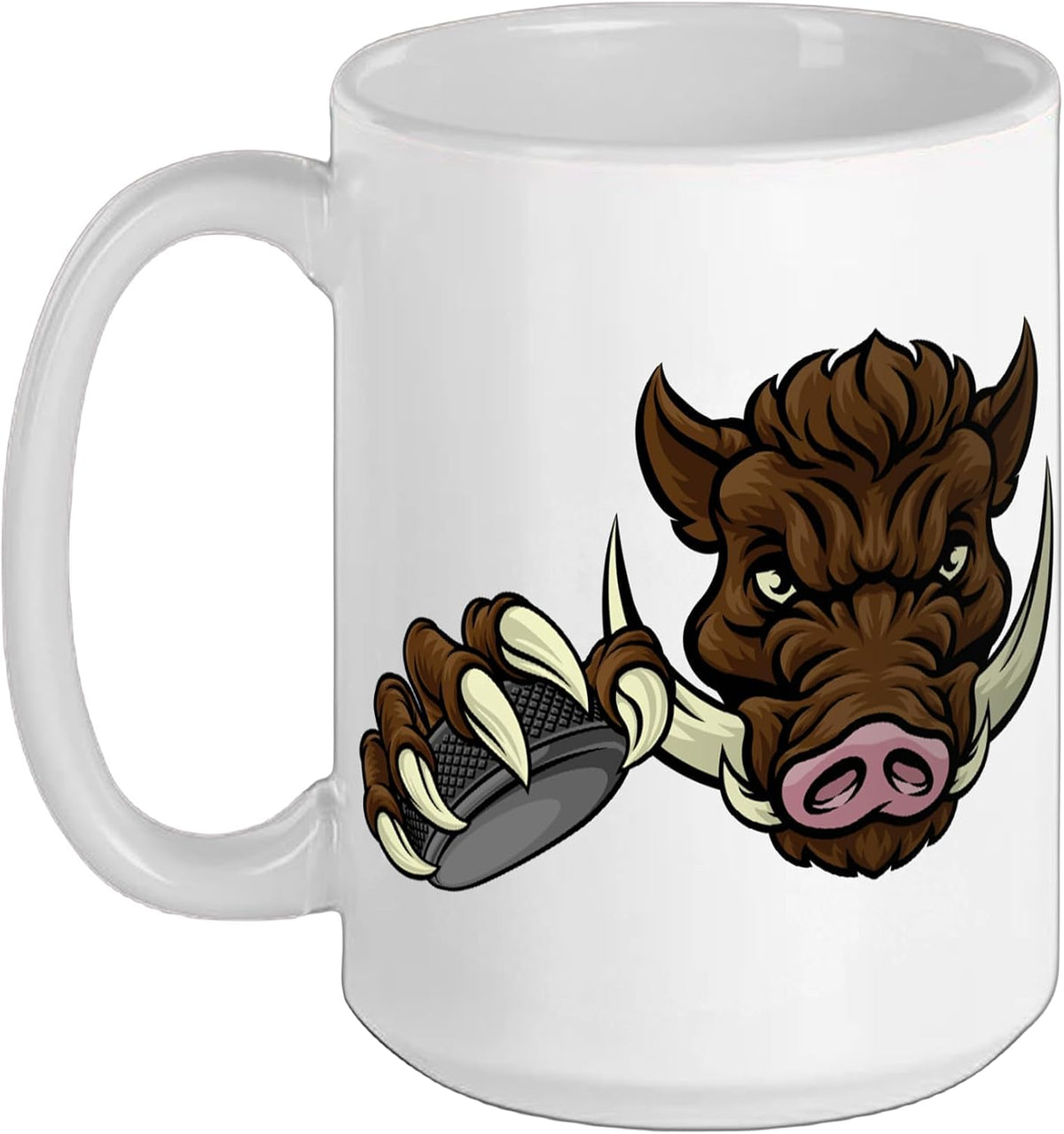 Wild Boar Warthog Cartoon Character Holding Ice Hockey Ceramic Mug