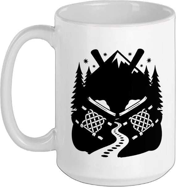 Snowshoe Hiker Pine Tree Snow Trail Minimalist Outdoor Ceramic Mug