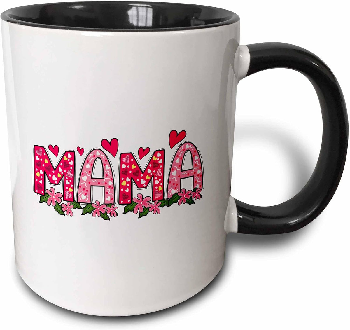 Pink Word Mama, Red Hearts, Flowers. Mothers Day Artsy Ceramic Mug