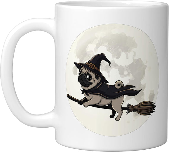 Funny Halloween Witch Pug Dog Flying On Broomstick Full Ceramic Mug