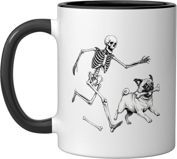 Halloween Skeleton Chasing Pug With Bone Spooky Ceramic Mug
