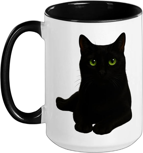 Realistic Black Cat Portrait With Green Eyes Design Fall Ceramic Mug