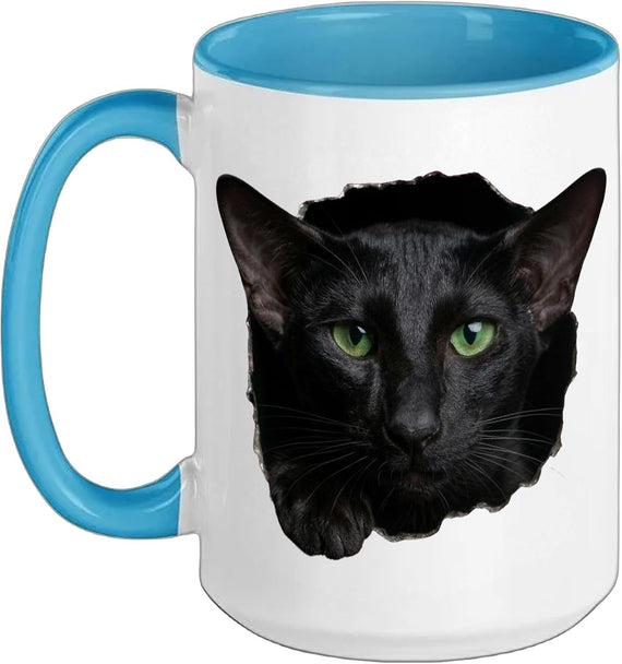 Striking Black Oriental Shorthair Cat Peeking Through Ceramic Mug