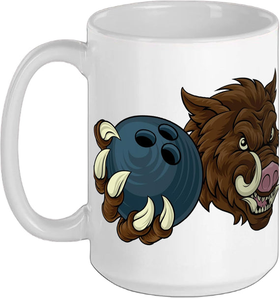 Wild Boar Warthog Cartoon Character Holding A Bowling Ball Ceramic Mug