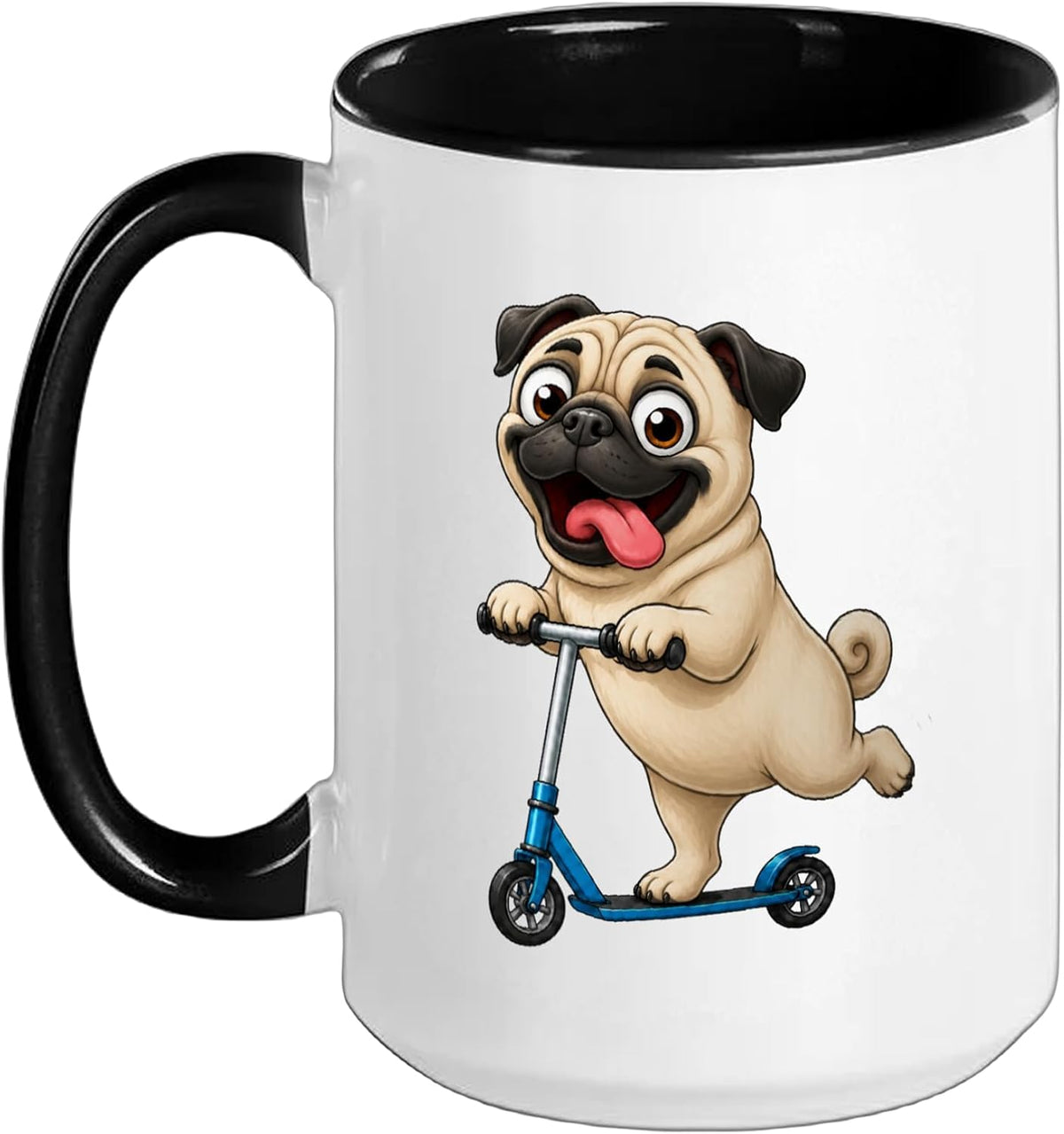 Funny Cute Cartoon Pug Riding Scooter Design Ceramic Mug