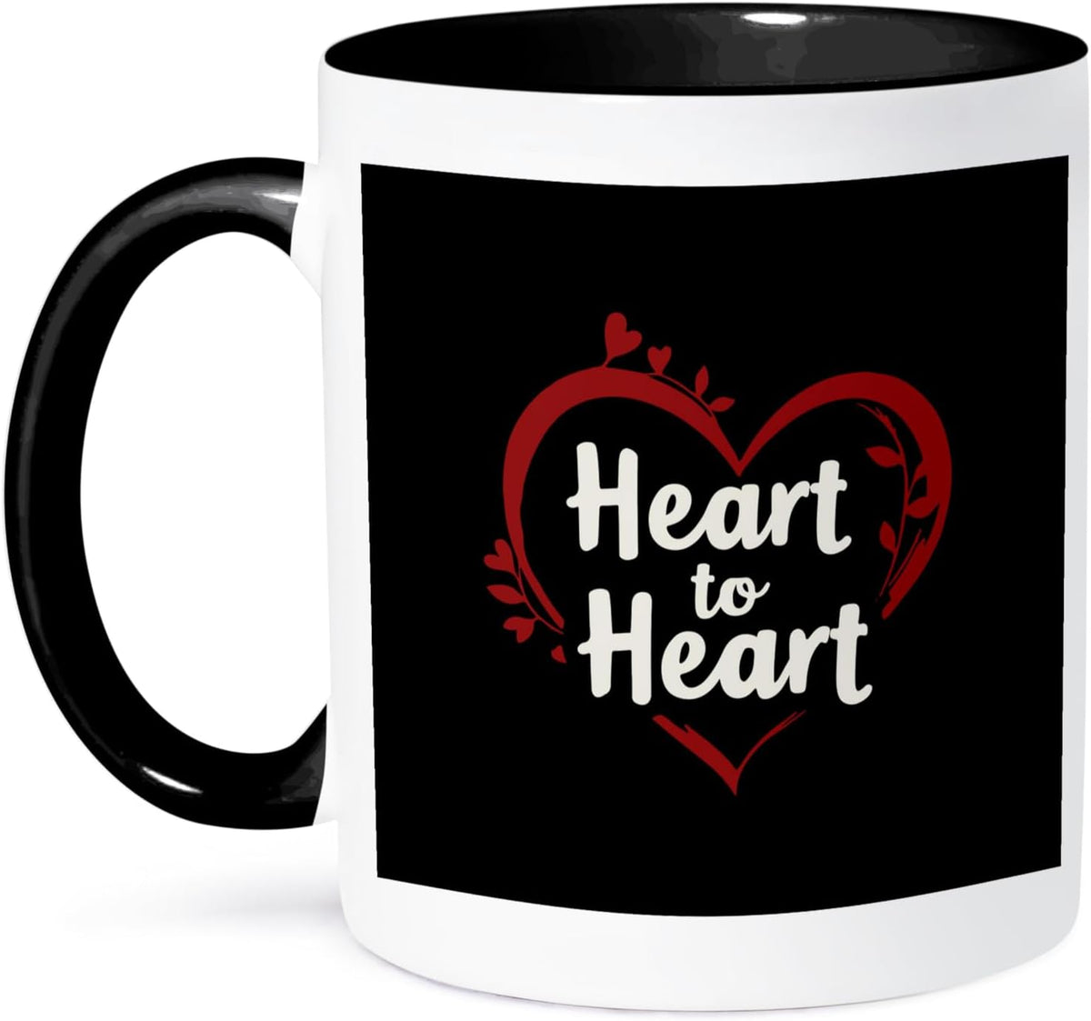 Heart To Heart Text, Red Floral Heart On Black, Valentine Ceramic Mug