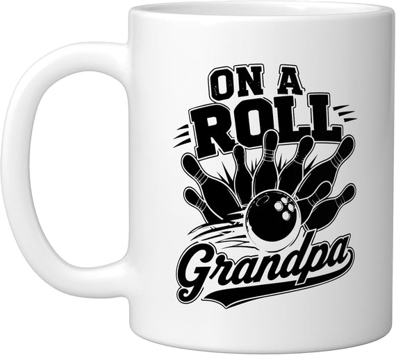 Bowling Grandpa Illustrated Ball Rolling Down Lane Ceramic Mug