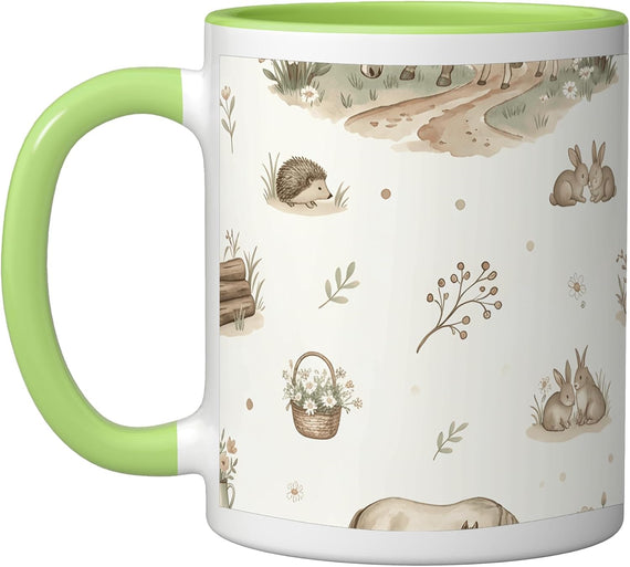 Cottagecore Woodland Bunnies Hedgehog Floral Pattern Ceramic Mug