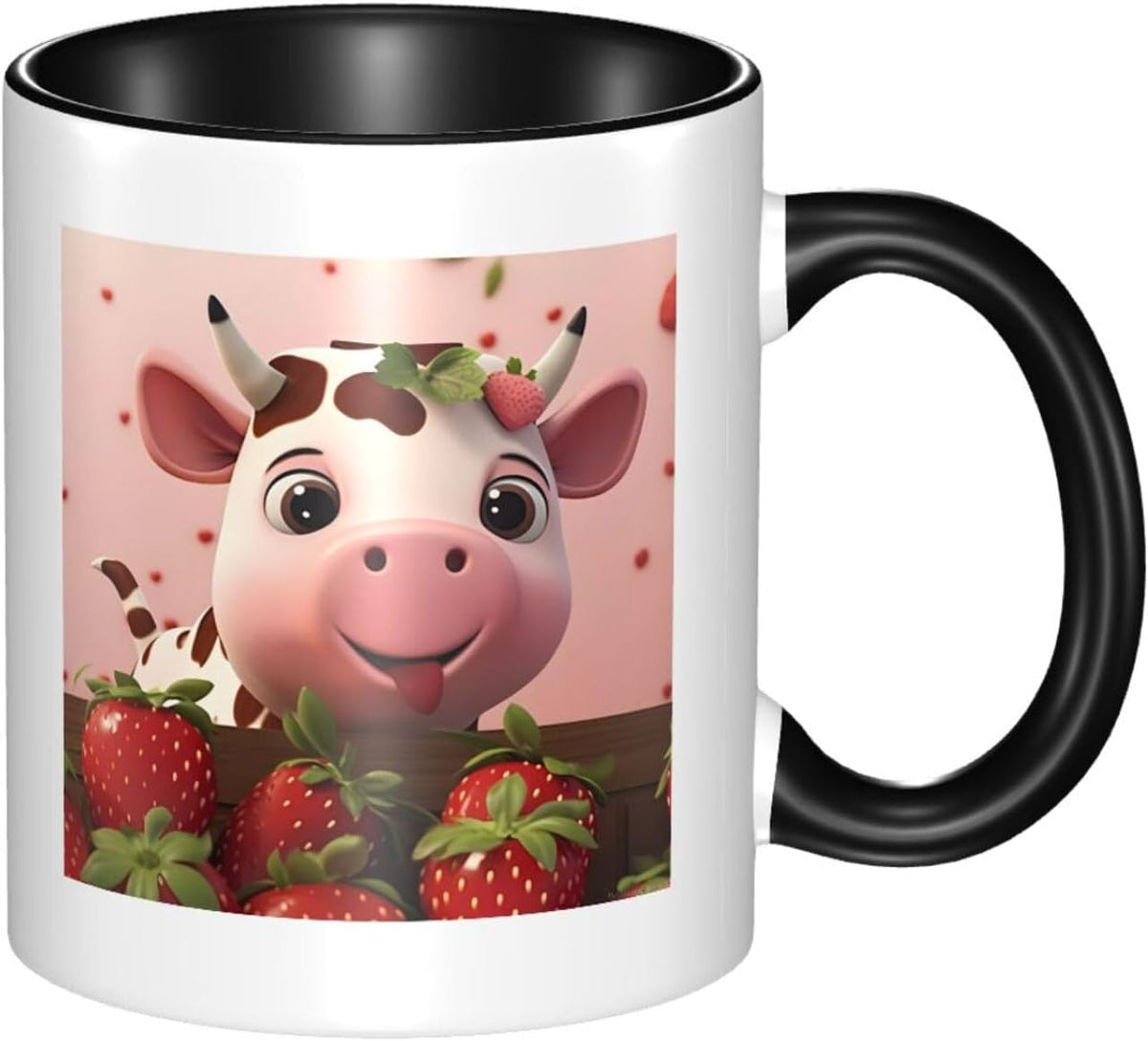 Large Handle Two-Tone Ceramic, Cows And Strawberries Ceramic Mug