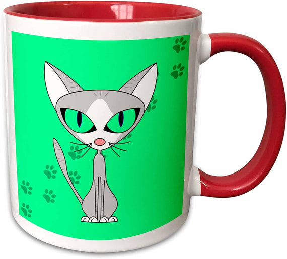 Fancy Feline Grey Cat Design Light Green Ceramic Mug