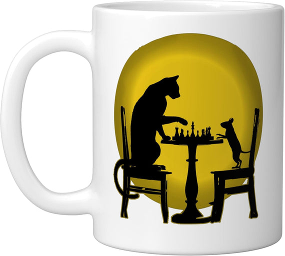 Funny Chess Lover Mouse And Cat, White Ceramic Mug