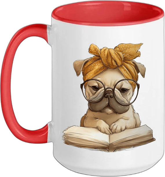 Pug Open Book Reading Dog Lover Graphic Portrait Round Bow Ceramic Mug