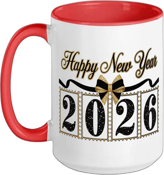 Happy New Year 2026 Gold Bow Ceramic Mug