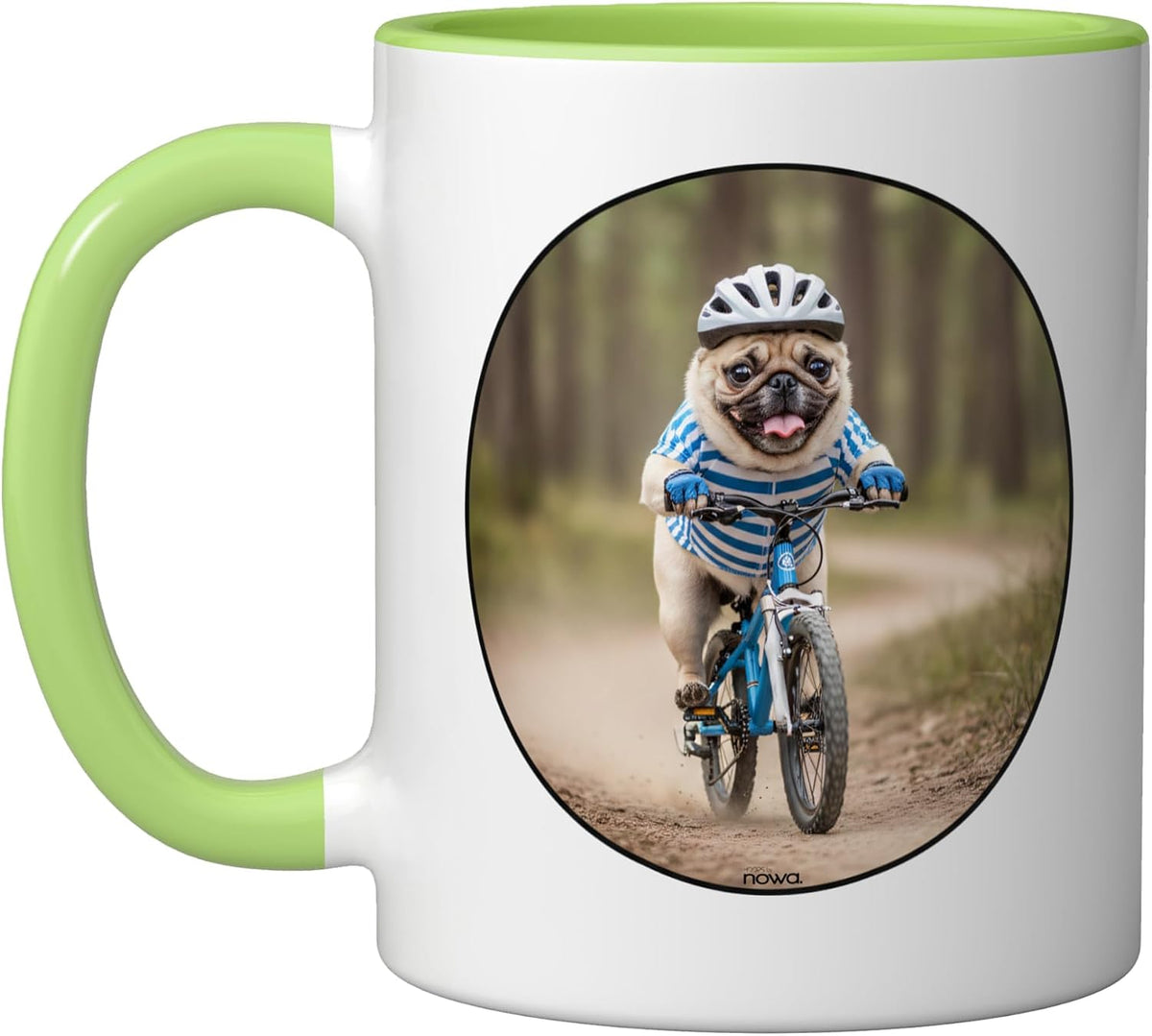 Funny Cute Cycling Pug Dog Happy On His Bicycle In Nature Ceramic Mug