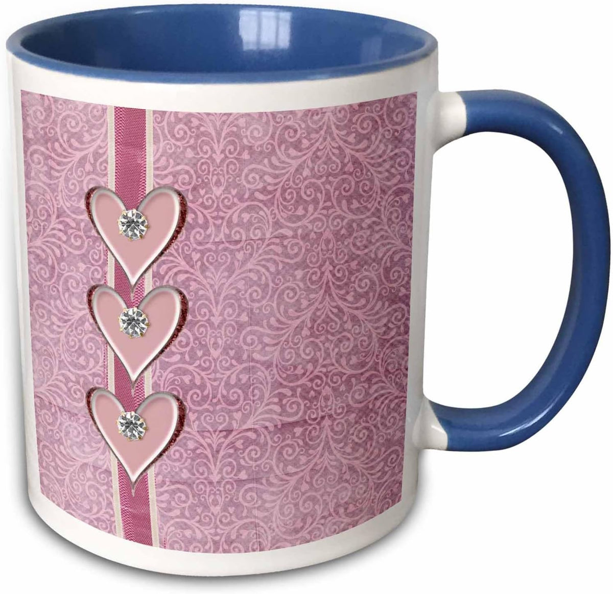 3 Pink Diamond On Hearts On Ribbon, Heart Ceramic Mug
