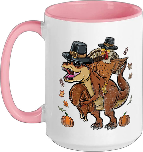Turkey Riding Pilgrim T-Rex Thanksgiving Kids Ceramic Mug