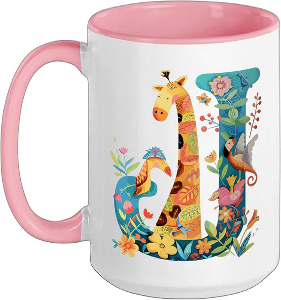 Jungle Letter J Giraffe Bird Floral Initial Art Ceramic Mug