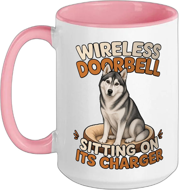 Husky Dog Wireless Doorbell Sitting On Its Charger Funny Ceramic Mug
