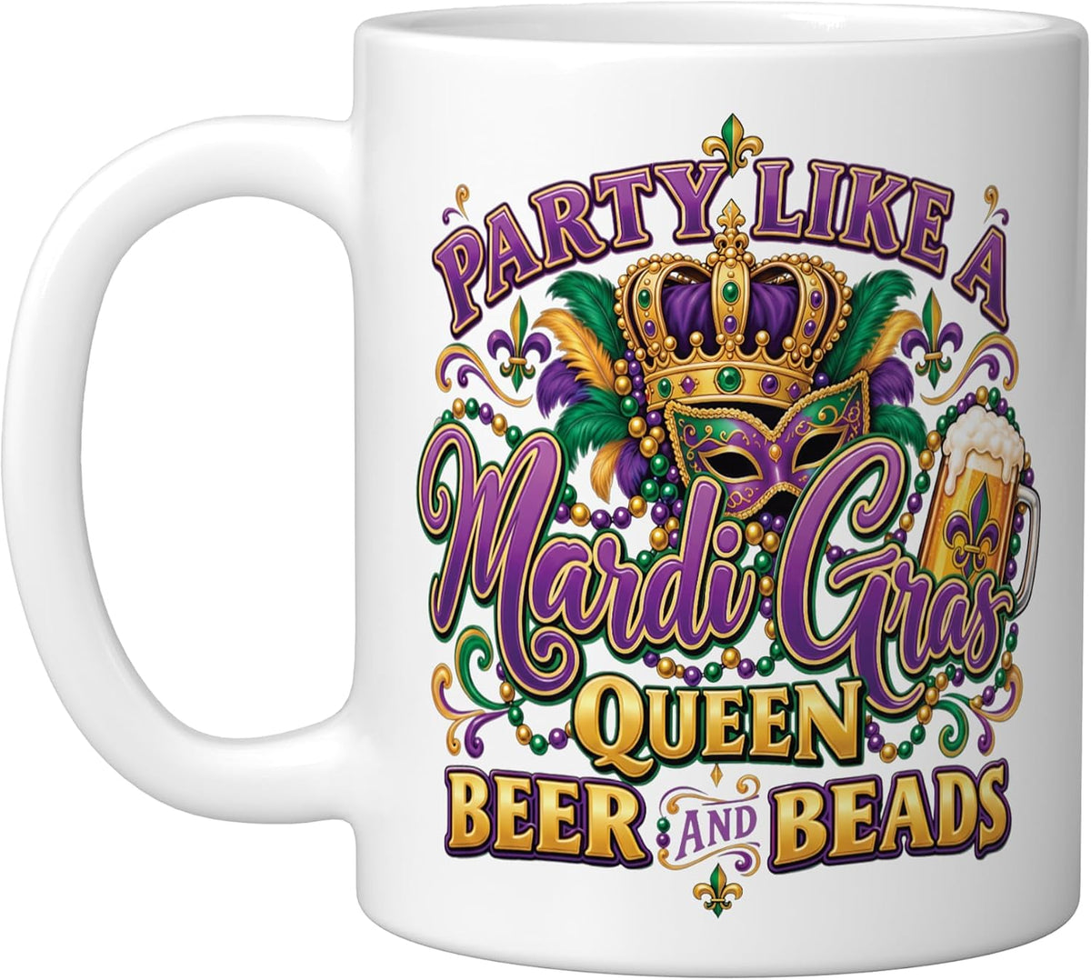 Mardi Gras Queen Beer And Beads Carnival Party Novelty Ceramic Mug