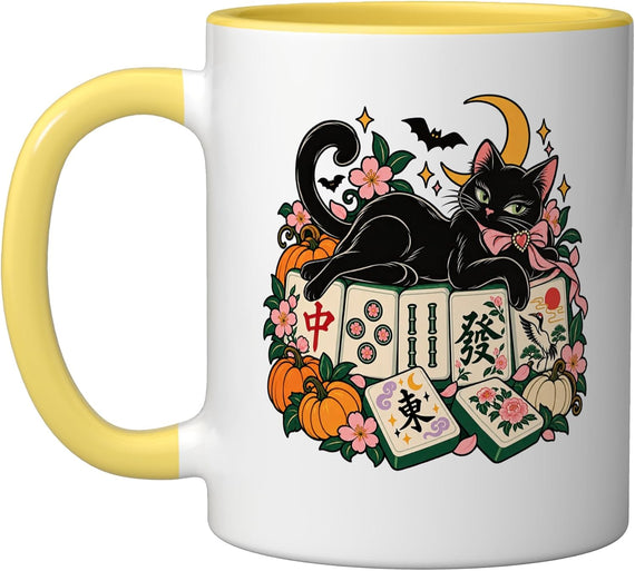 Floral Mahjong Halloween Black Cat Chinese Board Game Ceramic Mug