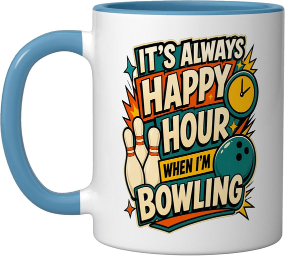 Bowling Happy Hour Funny Ball Pins Clock Ceramic Mug