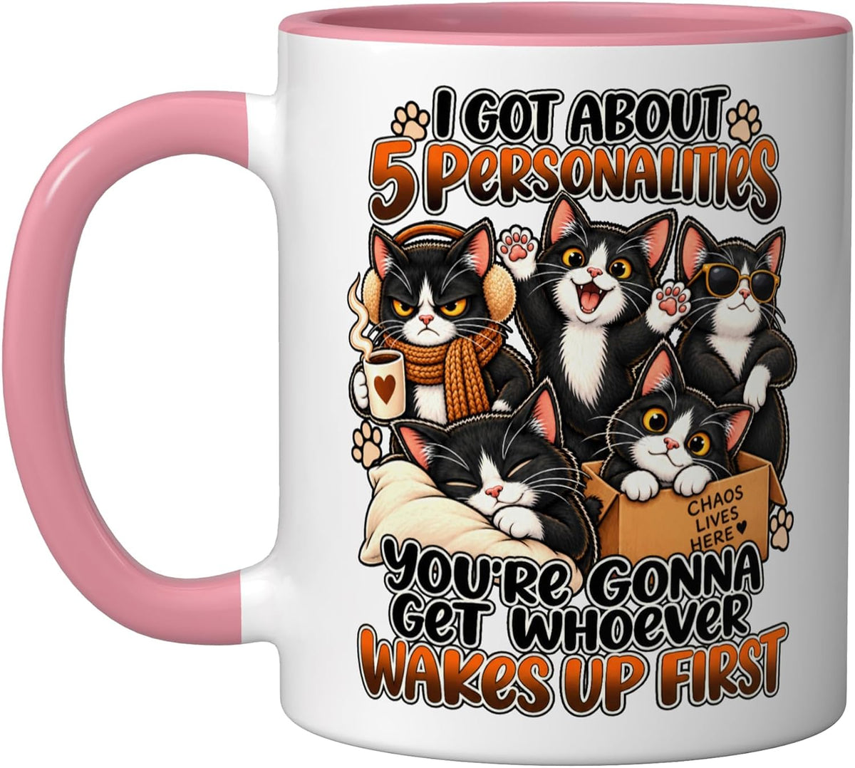 Funny Tuxedo Cat 5 Personalities Whoever Wakes Up First Ceramic Mug