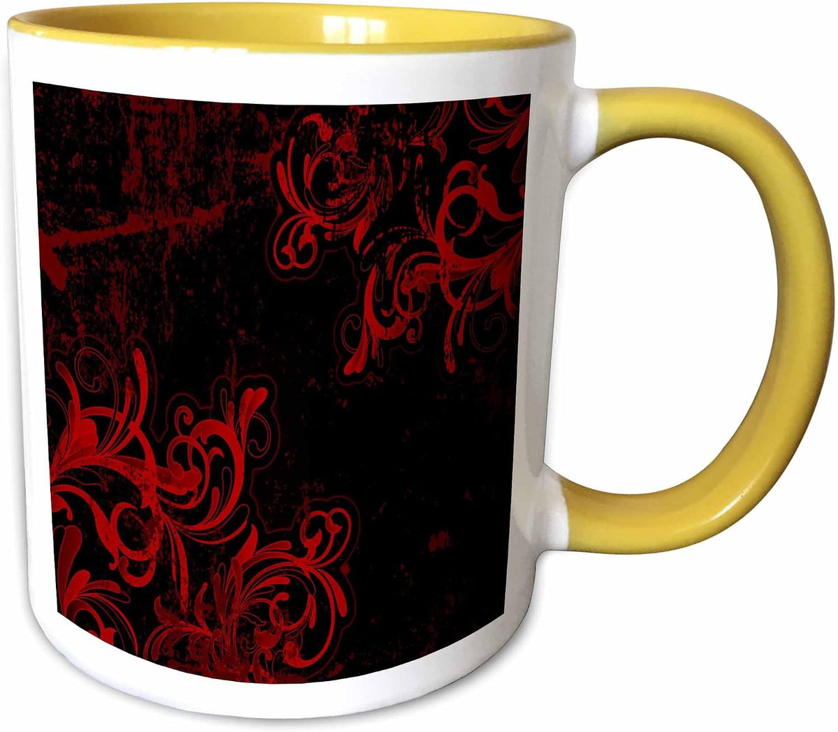 Two Corner Flourishes In Red Against Ceramic Mug
