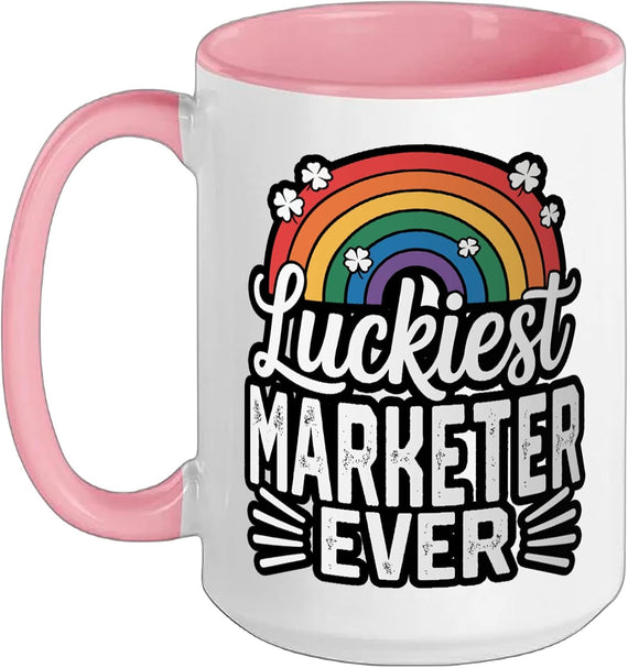 Luckiest Marketer Ever St Patricks Day Rainbow Shamrock Ceramic Mug