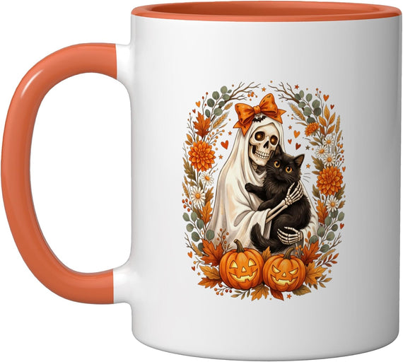 Skeleton Holding Cat Halloween Costume Spooky Season Ceramic Mug