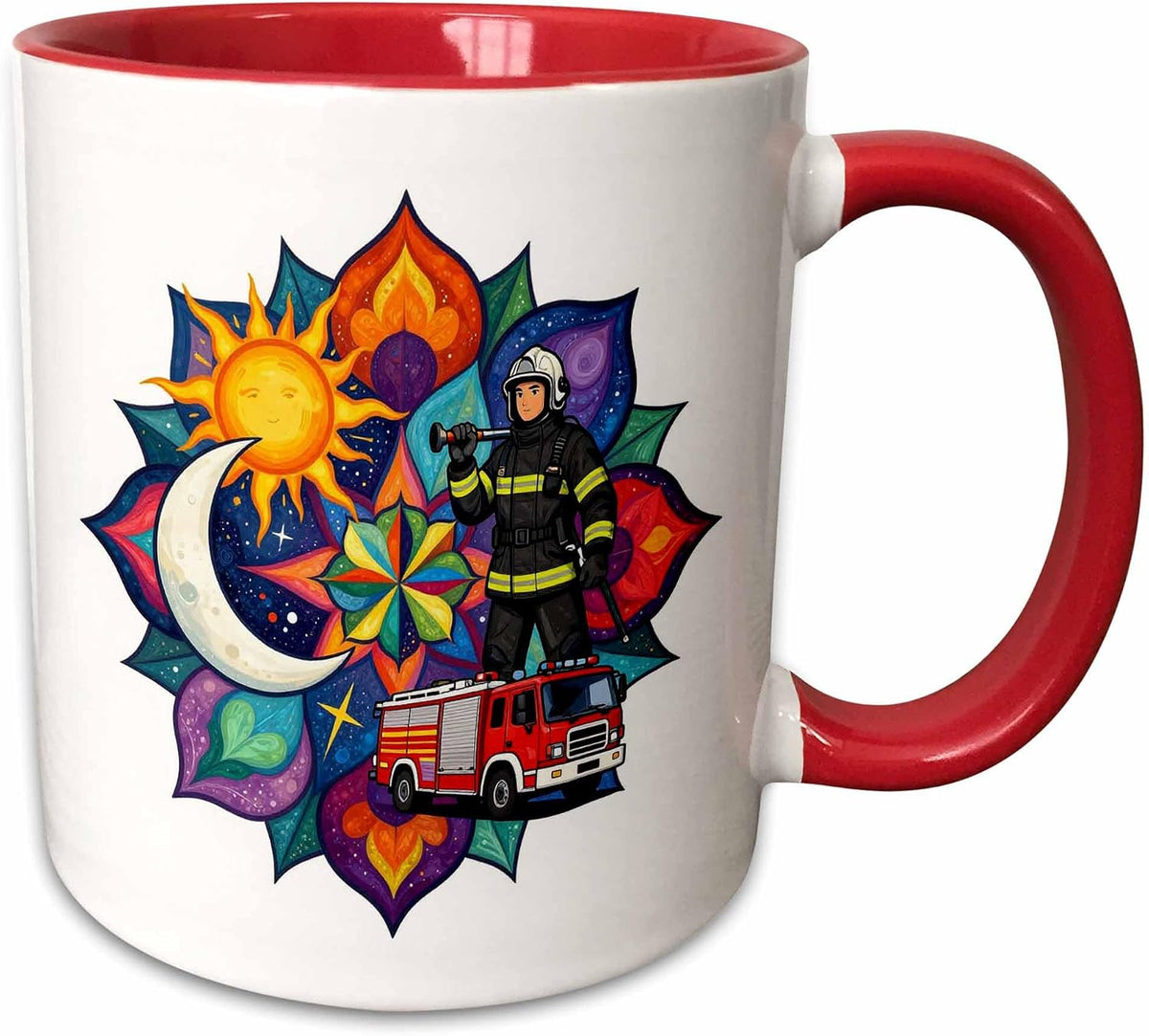 Firefighter With Mandala Sun Moon Colorful Art Ceramic Mug