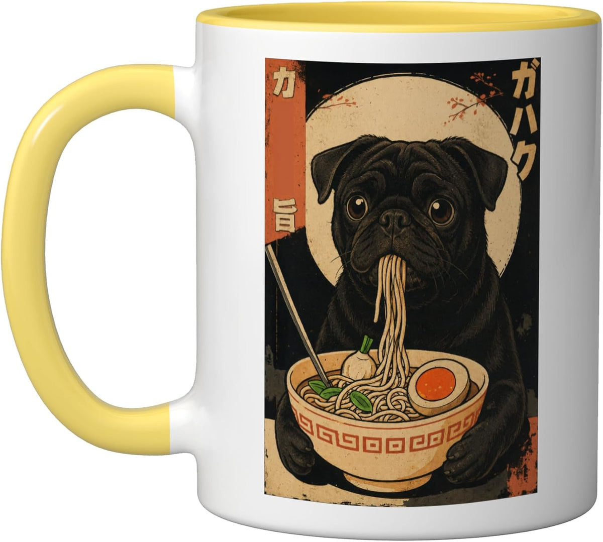 Kawaii Dog Black Pug Eating Ramen Noodles Japanese Ceramic Mug