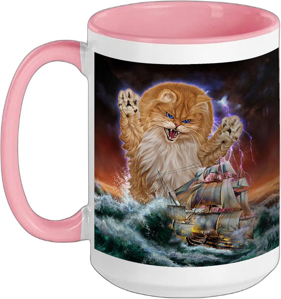 Giant Persian Cat Sea Monster Red Lightning Storm Halloween Mug