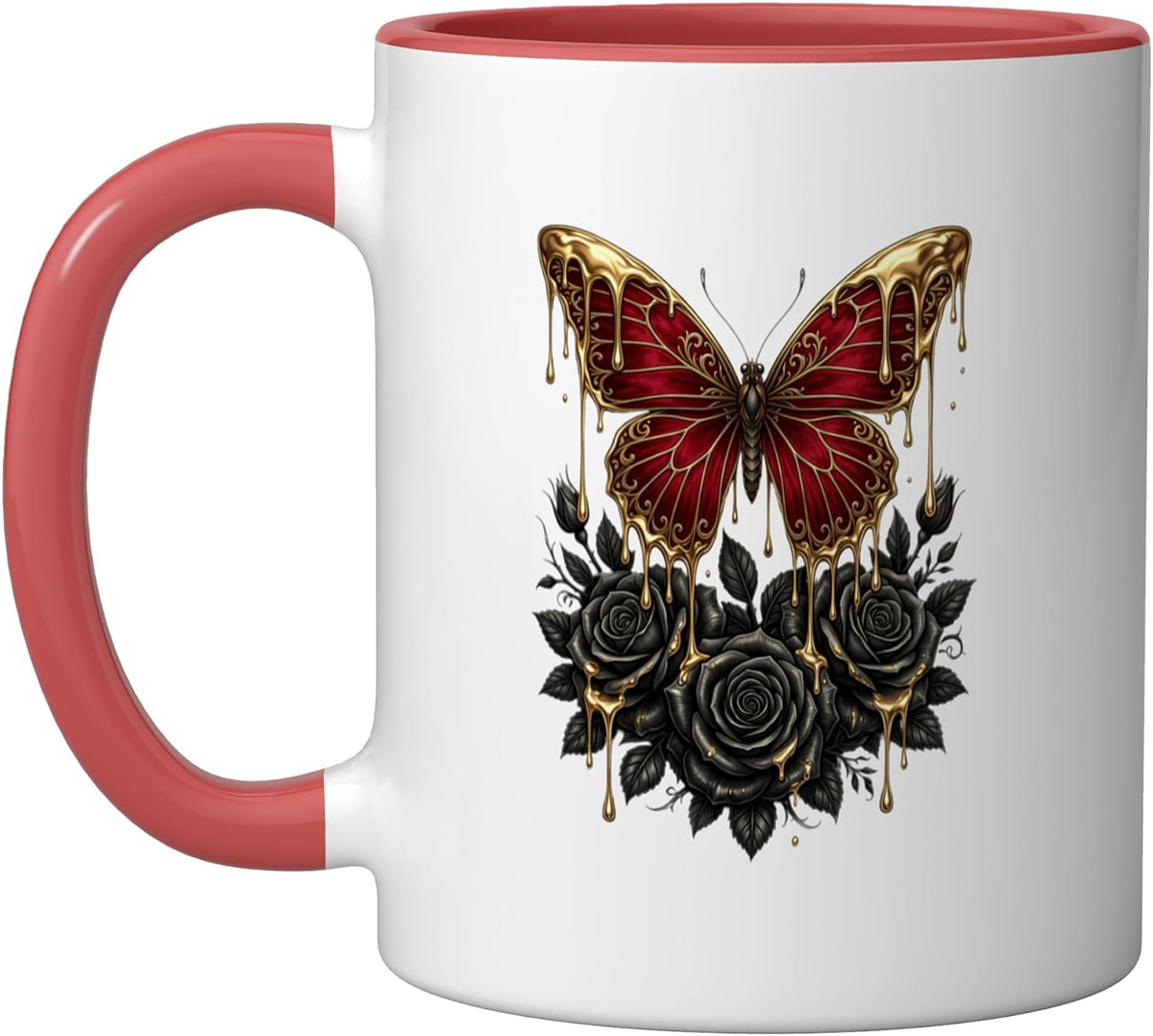 Golden Dripping Butterfly Over Black Roses Ceramic Mug