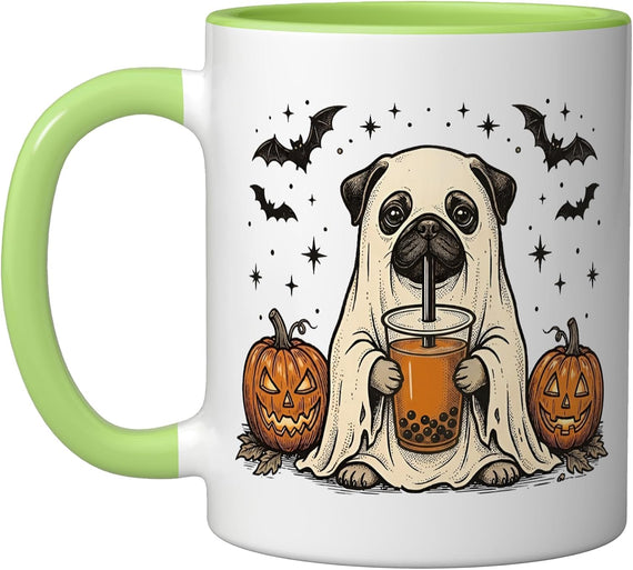 Pug Ghost And Boba Cute Halloween Dog Humor Pug Bubble Tea Ceramic Mug