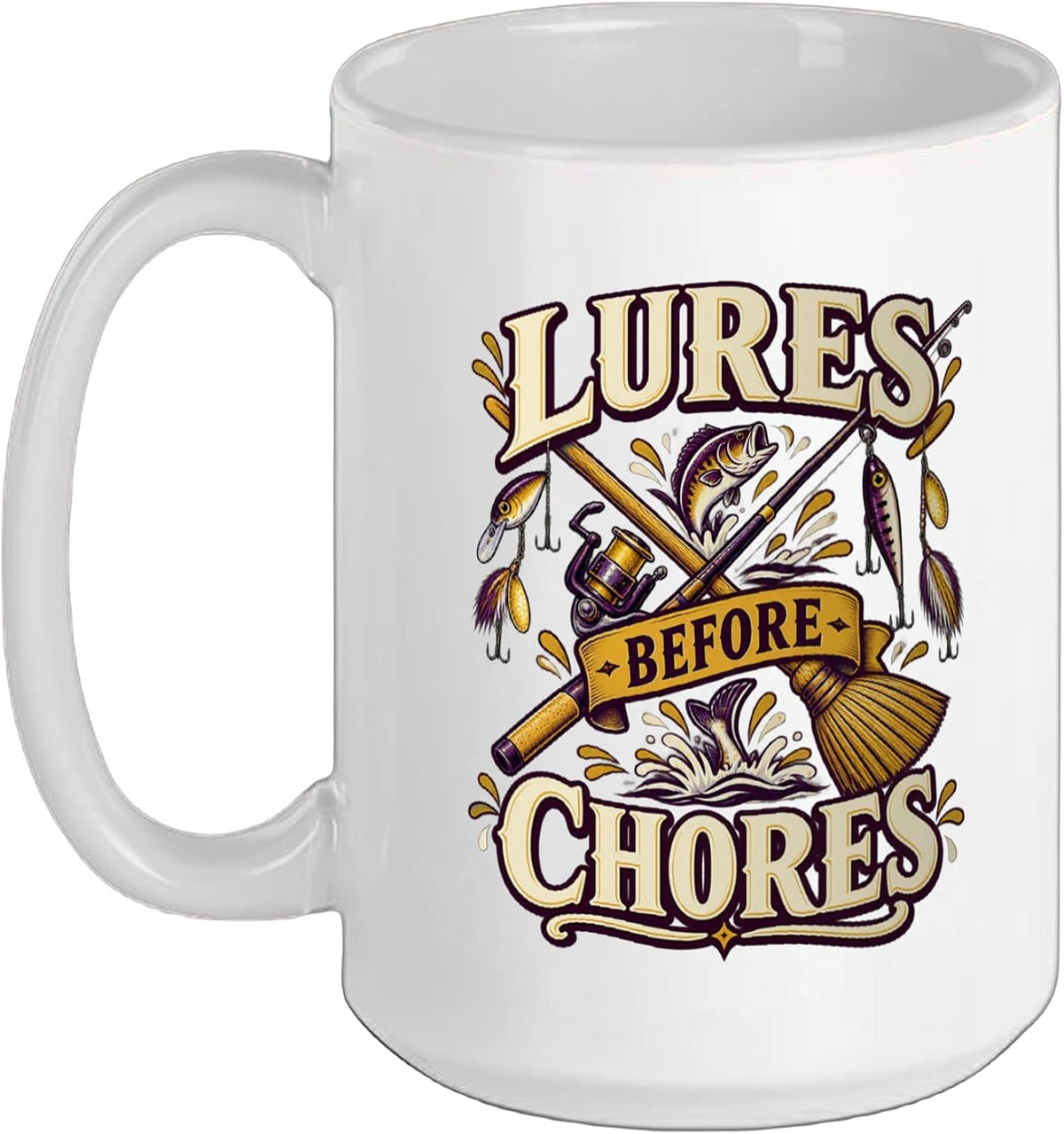 Lures Before Chores Funny Fishing Angler Humor Bass Ceramic Mug