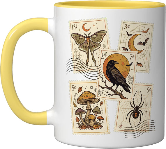 Halloween Postage Stamps Moth Raven Bats Spider Art Ceramic Mug