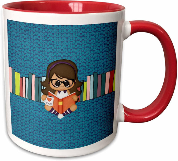 Girl Wearing Glasses Reading A Book, Books Ceramic Mug