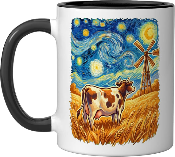 Starry Night Cow Wheat Field Windmill Ceramic Mug