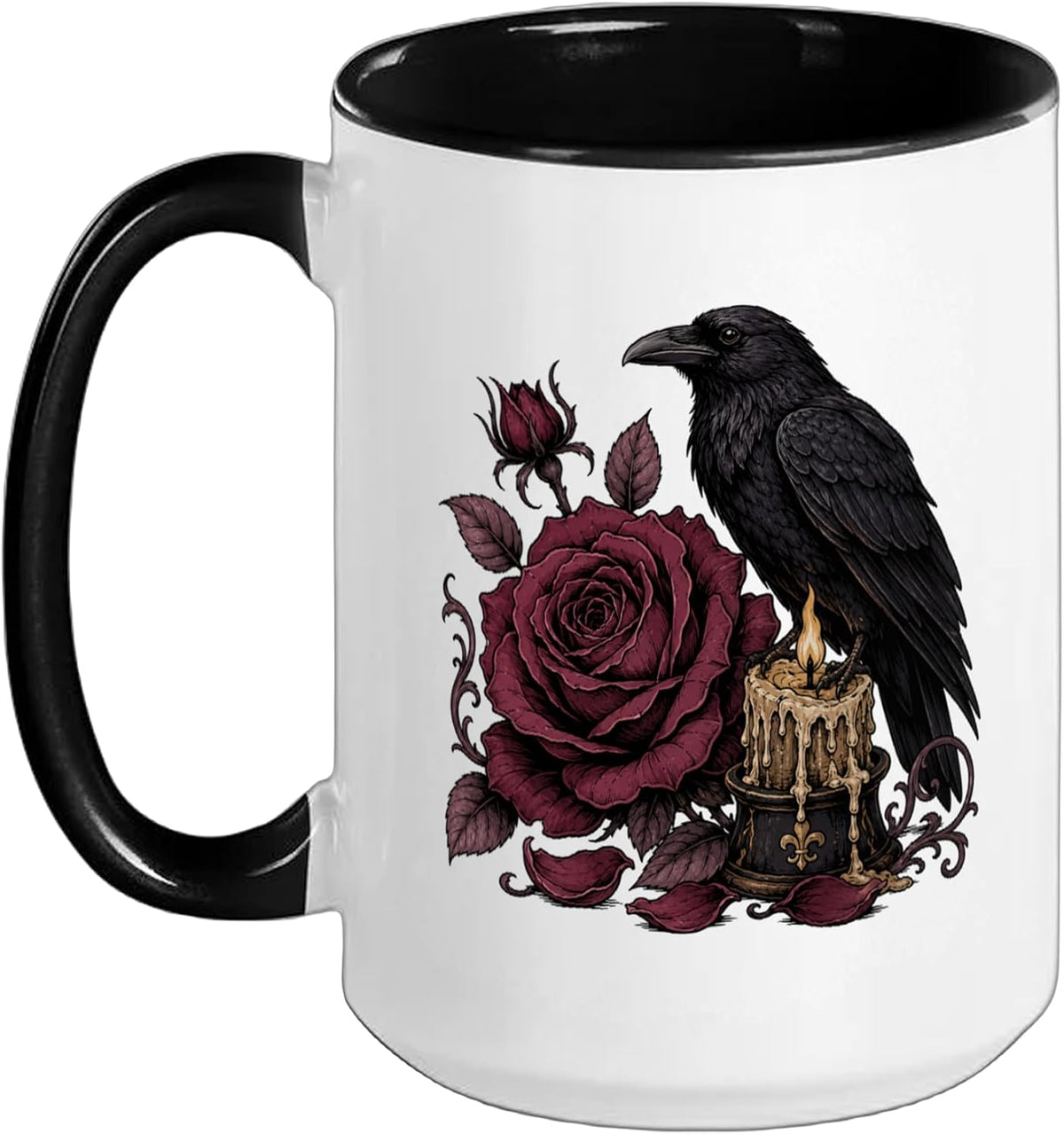 Dark Romance Raven Bird Burgundy Rose Gothic Art Candle Ceramic Mug
